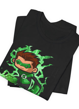 Folded black Green Lantern graphic T-shirt showing a closer view of the chibi energy aura design.