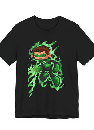 Front of a black graphic T-shirt showing chibi Green Lantern surrounded by a green energy aura.