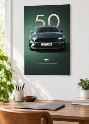 Green Light Swagger wall art displayed as a frameless piece above a wooden desk in a bright room