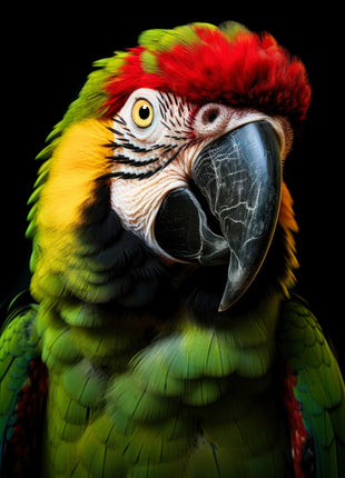 Green parrot with scarlet crown, yellow cheeks, patterned pale facial skin and black beak.