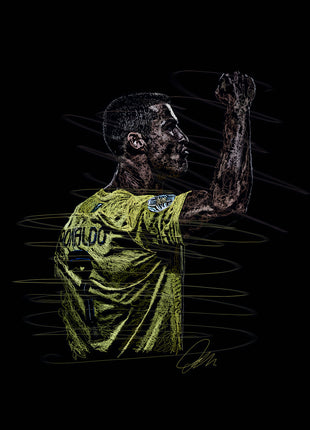 Green Shirt Raised Fist: depicts a football player turning in profile with a fist lifted above shoulder height.