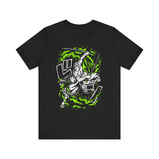 Alt: Green Flame Swordsman Anime Shirt on black, angled front view, anime streetwear by Snapping Turtle Gallery