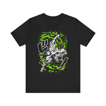Alt: Green Flame Swordsman Anime Shirt on black, angled front view, anime streetwear by Snapping Turtle Gallery

