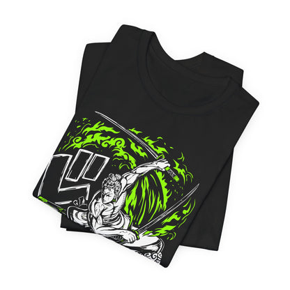 Alt: Green Flame Swordsman Anime Shirt on black, back view, anime collector tee by Snapping Turtle Gallery

