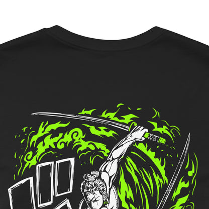 Alt: Green Flame Swordsman Anime Shirt on black, close-up view, high-quality anime shirt by Snapping Turtle Gallery

