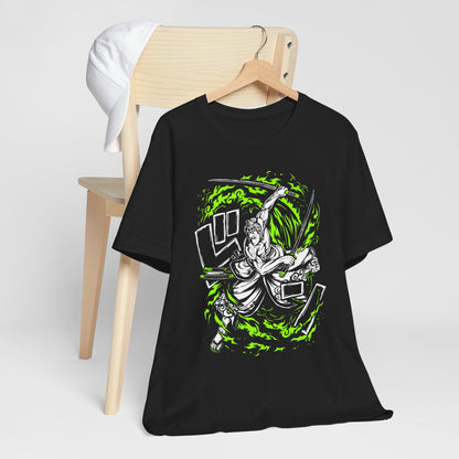 Alt: Green Flame Swordsman Anime Shirt printed on black, front view, anime apparel by Snapping Turtle Gallery

