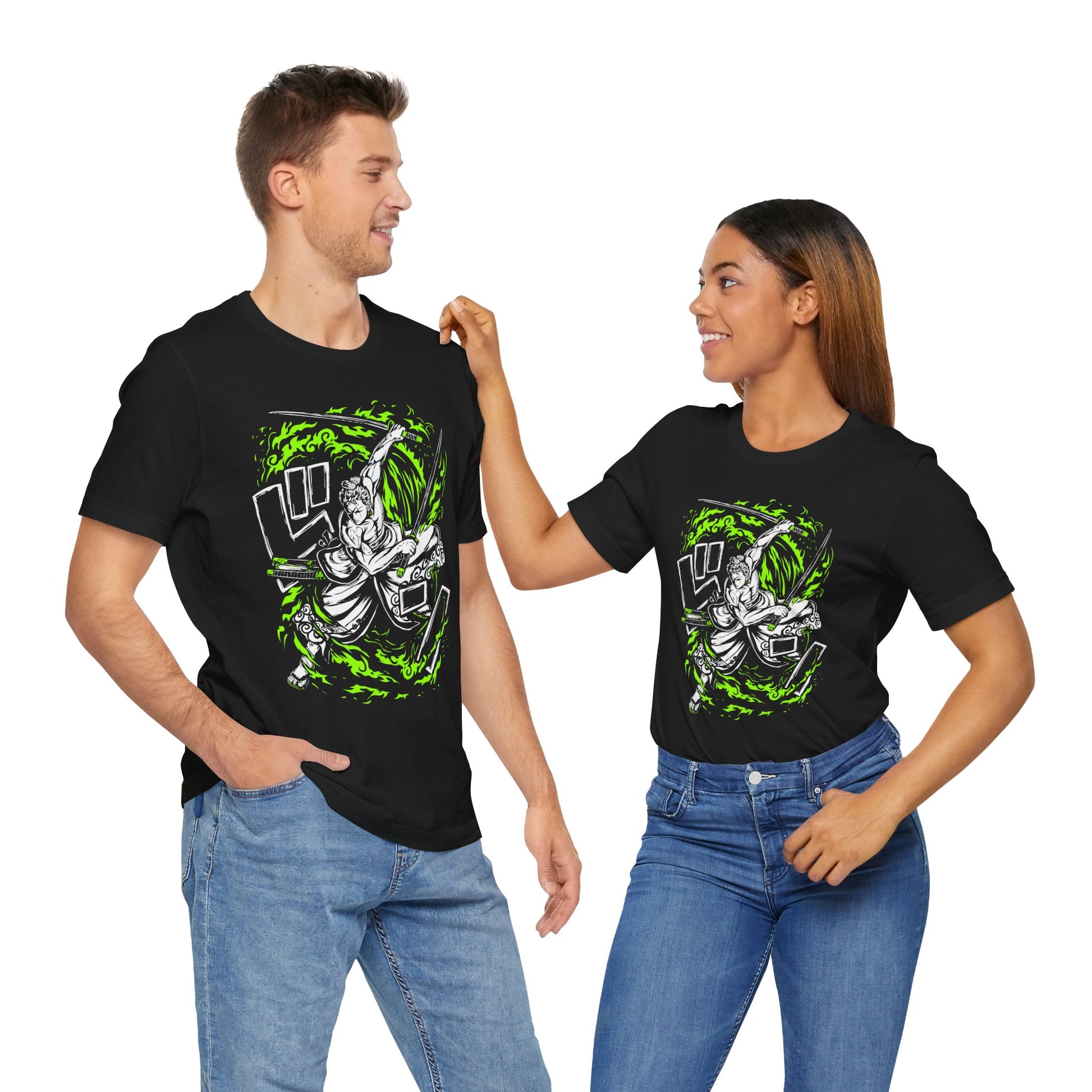 Alt: Green Flame Swordsman Anime Shirt on black, lifestyle photo, anime shirt worn, Snapping Turtle Gallery

