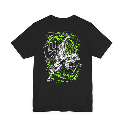 Alt: Green Flame Swordsman Anime Shirt on black, side view, anime clothing by Snapping Turtle Gallery

