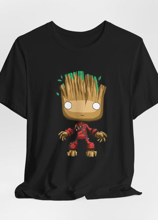 Draped front view of a black graphic T-shirt showing chibi Groot wearing a red jumpsuit.