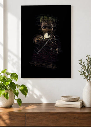 Groot's Popcorn Break acrylic wall art displayed above a wooden console with plants and books against a white wall.