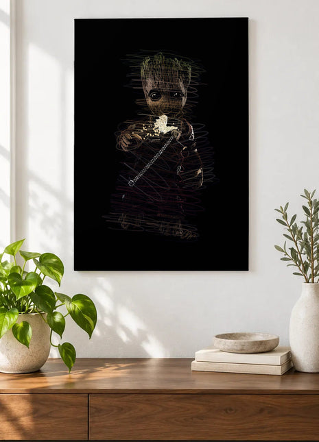 Groot's Popcorn Break acrylic wall art displayed above a wooden console with plants and books against a white wall.