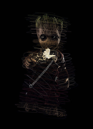 Groot's Popcorn Break: shows Baby Groot holding a mound of popcorn against a dark jacket with a diagonal shoulder strap.