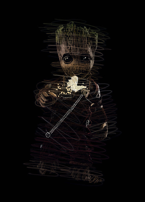 Groot's Popcorn Break: shows Baby Groot holding a mound of popcorn against a dark jacket with a diagonal shoulder strap.