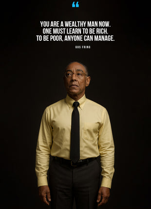 Gus Fring in a dark portrait beneath white quotation text and a blue quotation mark.