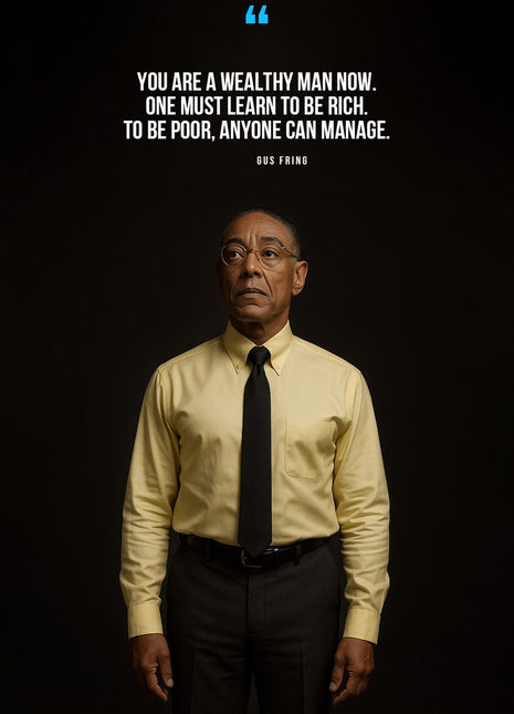 Gus Fring in a dark portrait beneath white quotation text and a blue quotation mark.
