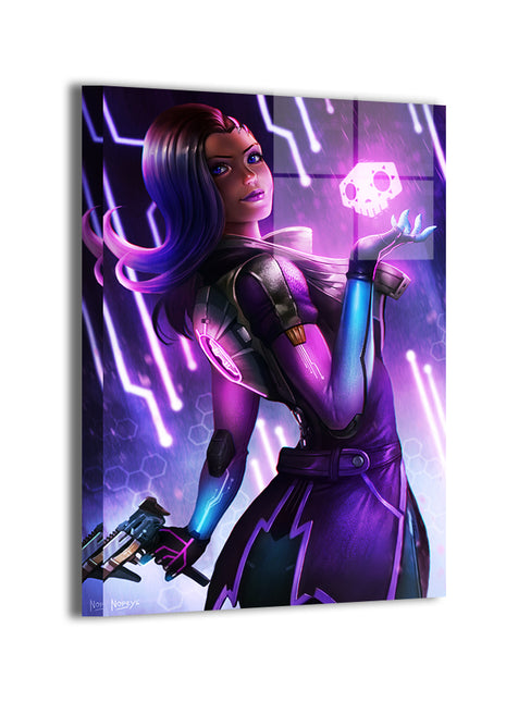 Hacker Queen Metal — Sombra turning with glowing skull icon, Overwatch art by Nopeys; modern sheen, ready to hang.