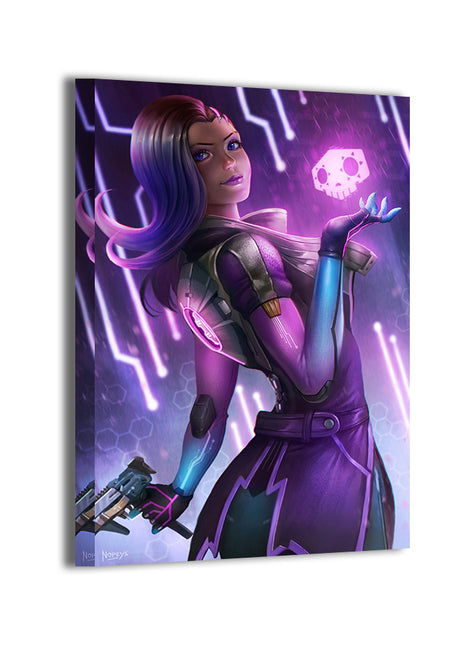 Hacker Queen Canvas — Sombra in violet code with sleek armor, Overwatch art by Nopeys; gallery-wrapped, ready to hang.