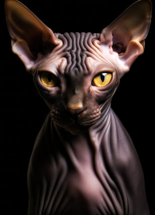Hairless cat with wide ears, golden eyes and forehead folds against a black background.