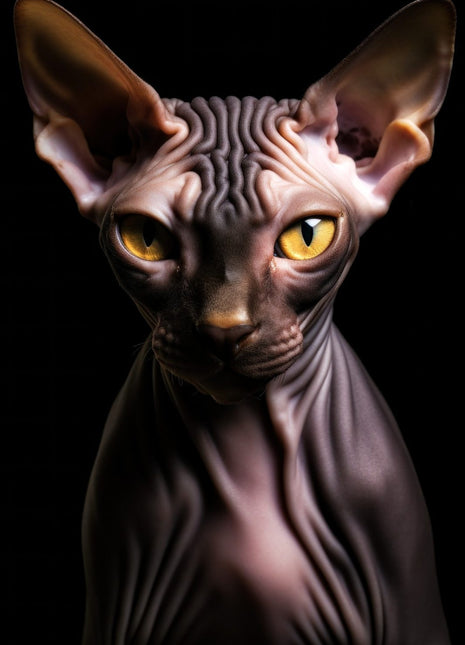 Hairless cat with wide ears, golden eyes and forehead folds against a black background.