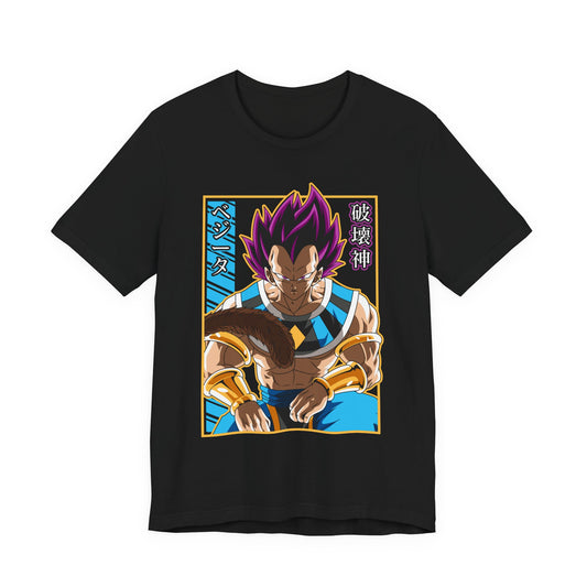 Alt: Hakai God Saiyan Anime Shirt on black, angled front view, anime streetwear by Snapping Turtle Gallery