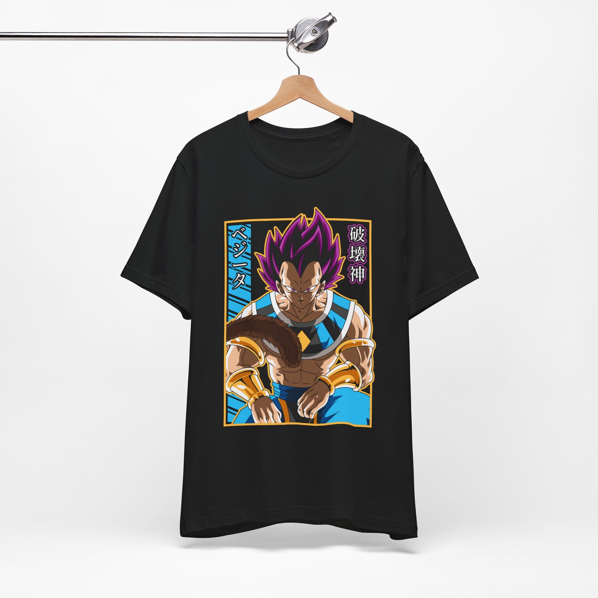 Alt: Hakai God Saiyan Anime Shirt on black, flat lay display, Dragon Ball inspired shirt at Snapping Turtle Gallery

