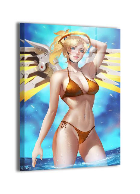 Anime-style wall art of a blonde character in a gold bikini with wings, set against a blue sky.