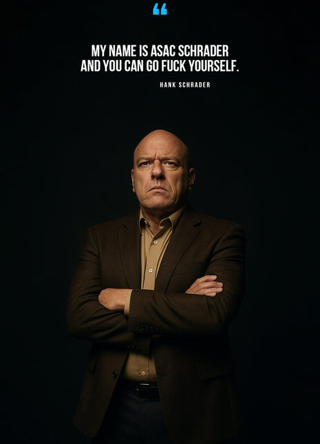 Hank Schrader in a dark portrait beneath white quotation text and a blue quotation mark.
