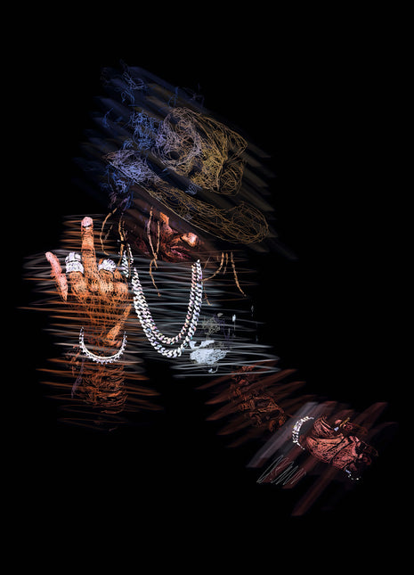 Man in a low cowboy hat and bright chains raising his middle finger, drawn with colored scribbles on black.