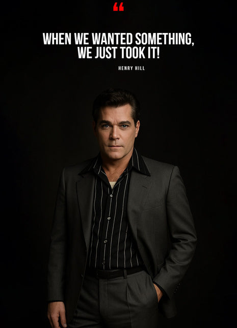 Henry Hill in a dark portrait beneath white quotation text and a red quotation mark.