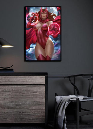 Room-setting preview of Hexbound Enchantress Scarlet Witch artwork above a wood cabinet beside a black lamp and chair; outer frame shown is not included.