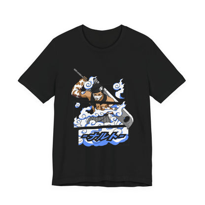 Alt: Hidden Mist Swordsman Anime Shirt on black, angled front view, anime streetwear by Snapping Turtle Gallery

