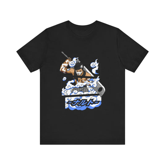 Alt: Hidden Mist Swordsman Anime Shirt printed on black, front view, anime apparel by Snapping Turtle Gallery

