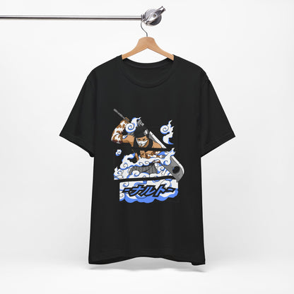 Alt: Hidden Mist Swordsman Anime Shirt on black, hanging front, anime apparel by Snapping Turtle Gallery

