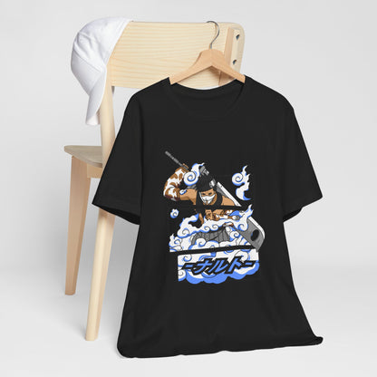 Alt: Hidden Mist Swordsman Anime Shirt on black, hanging on chair with cap, lifestyle display by Snapping Turtle Gallery

