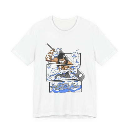 Alt: Hidden Mist Swordsman Anime Shirt on white, angled front view, anime streetwear by Snapping Turtle Gallery


