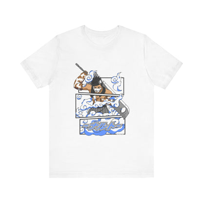 Alt: Hidden Mist Swordsman Anime Shirt printed on white, front view, anime apparel by Snapping Turtle Gallery


