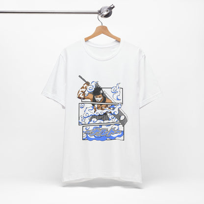 Alt: Hidden Mist Swordsman Anime Shirt on white, hanging front, anime apparel by Snapping Turtle Gallery

