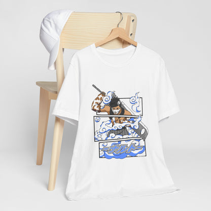 Alt: Hidden Mist Swordsman Anime Shirt on white, hanging on chair with cap, lifestyle display by Snapping Turtle Gallery

