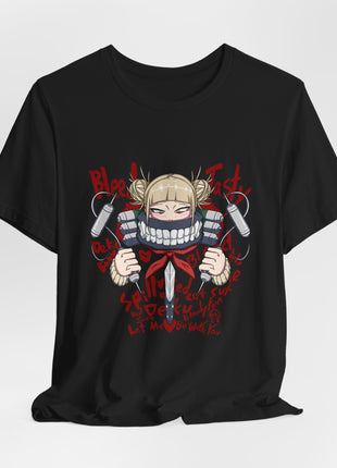 Draped front view of the black Himiko Toga Mask and Red Lettering Graphic T-Shirt.