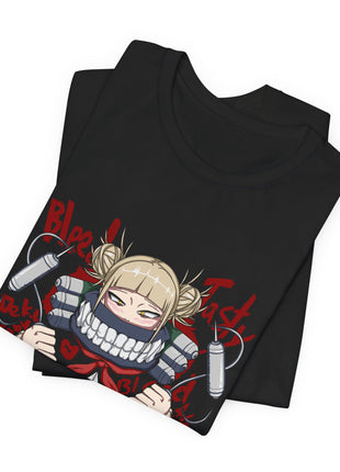 Folded black Himiko Toga Mask and Red Lettering Graphic T-Shirt showing a close view of the printed character artwork.