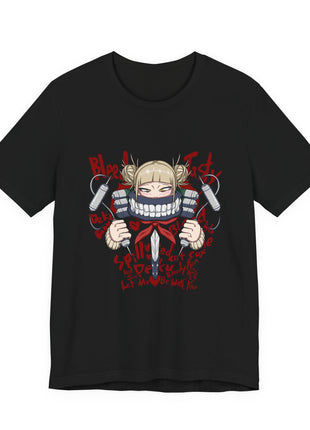 Front of a black T-shirt featuring Himiko Toga wearing a tooth-patterned mask with canisters, tubes and scattered red lettering.