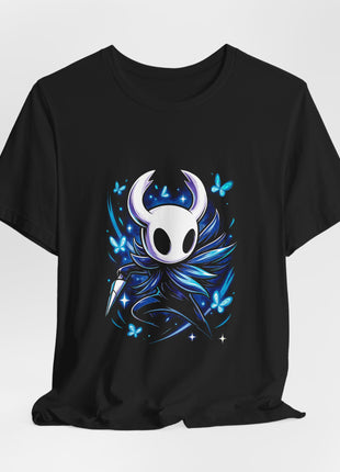 Draped front view of the black Hollow Knight Blue Soul Graphic T-Shirt.