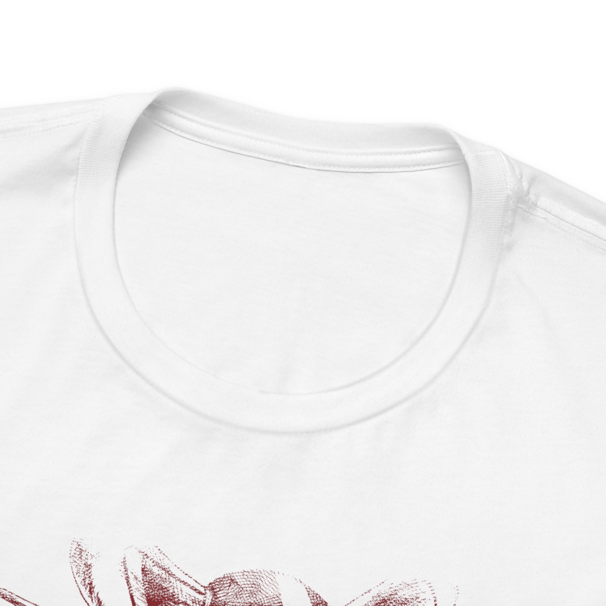 Alt: Hollow Mask Hero Anime Shirt on white, neckline close-up, premium stitching by Snapping Turtle Gallery

