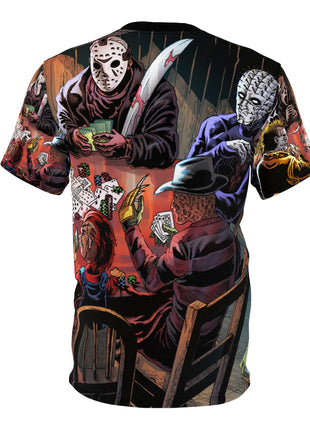 Horror Icons Poker Night All-Over Print Tee Black stitching Print, Premium Wall Art by Snapping Turtle Gallery
