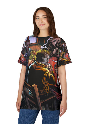 Horror Icons Poker Night All-Over Print Tee Black stitching Print, Premium Wall Art by Snapping Turtle Gallery