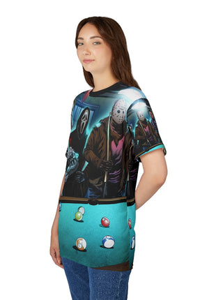 Horror Icons Pool Night All-Over Print Tee Black stitching Print, Premium Wall Art by Snapping Turtle Gallery