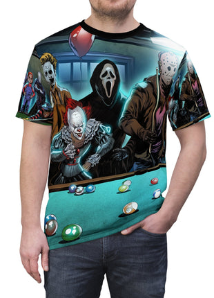 Horror Icons Pool Night All-Over Print Tee Black stitching Print, Premium Wall Art by Snapping Turtle Gallery