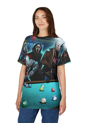 Horror Icons Pool Night All-Over Print Tee Black stitching Print, Premium Wall Art by Snapping Turtle Gallery