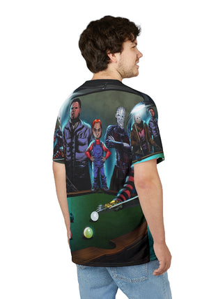 Horror Icons Pool Night All-Over Print Tee Black stitching Print, Premium Wall Art by Snapping Turtle Gallery