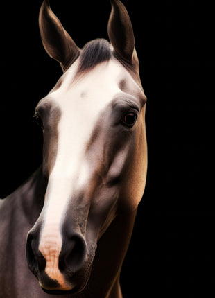 Brown horse with a broad white face and dark mane against black.